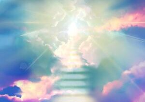 Illustration of a mysterious cloud staircase leading to the heavens and divine light shining from the heavens